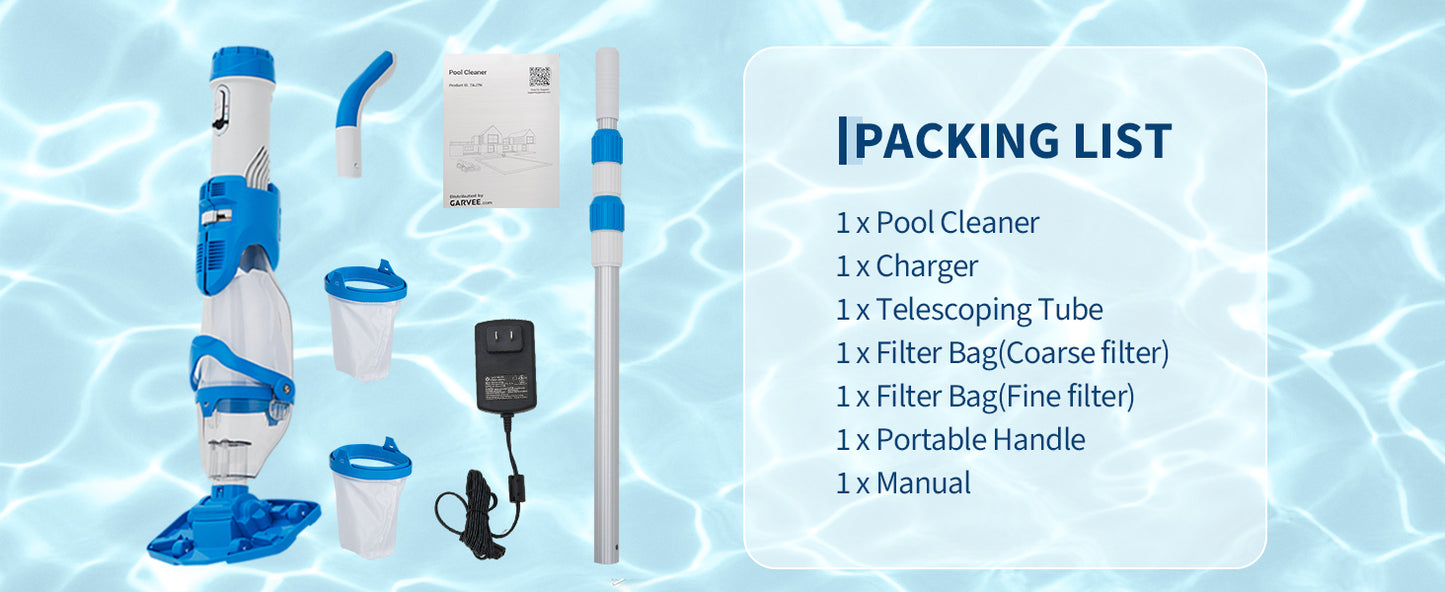 Tacleekii Handheld Pool Vacuum 19.8GPM Rechargeable Cleaner for Hot Tubs Corrosion Resistant Housing Rechargeable Battery IPX8 Waterproof with LED Dual Speed Suction