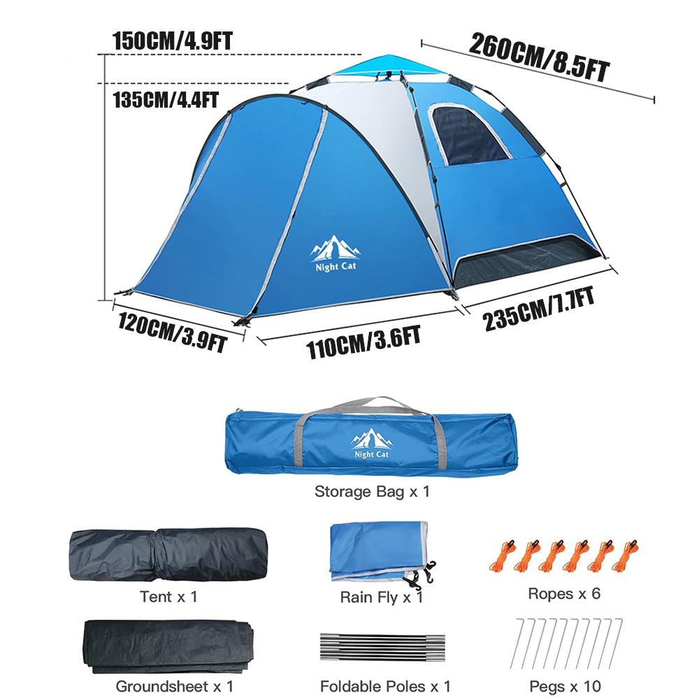 Night Cat Pop Up Tent 2-3 Persons Instant Set Up Tent with Footprint Tarp & Porch, Automatic Double Layer Waterproof Camping Tent with Rainfly