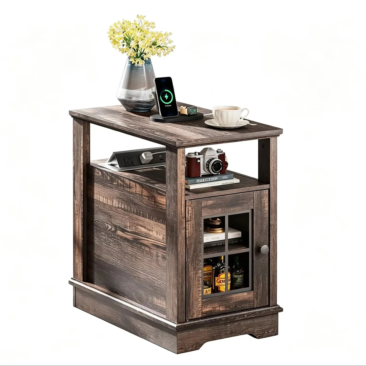 Farmhouse End Table With Smart Charging Station And Storage