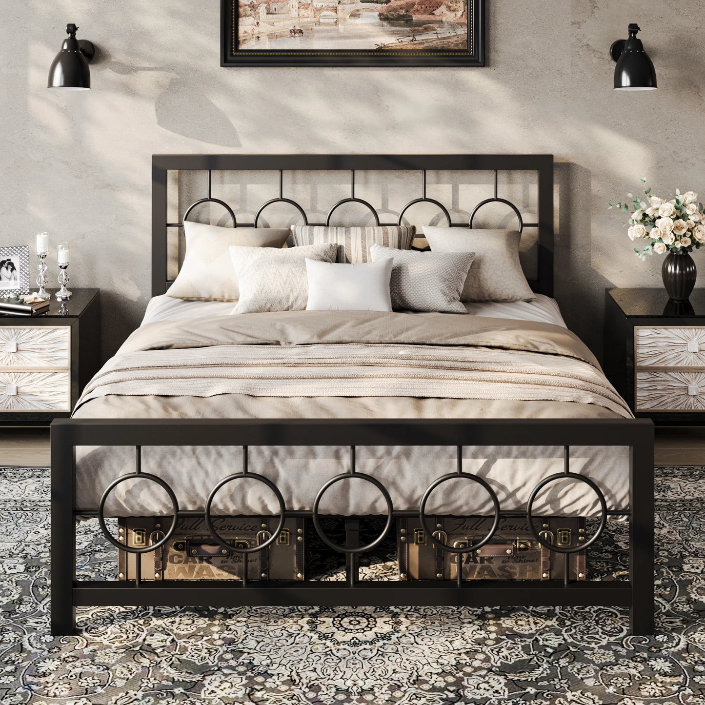 HOOMIC Vintage Circular Metal Platform Bed Frame Durable