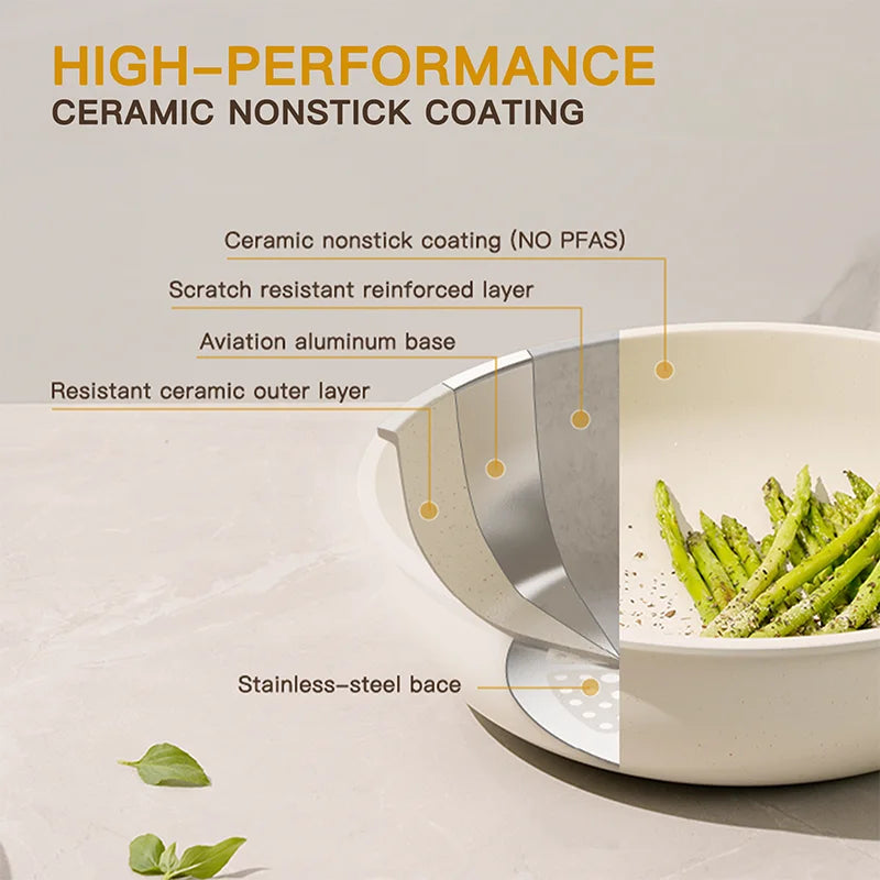 21 Piece Non Stick Ceramic Cookware Set with Sensor Handles by Astercook in Milky White