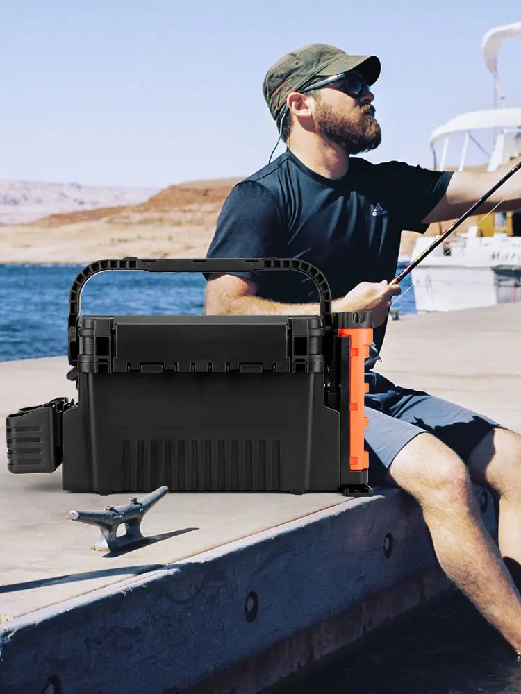 2 Tier Fishing Tackle Box Fishing Gear Box with Cup & Rod Holder Fishing Tackle Storage Box Fishing Tool Box Fishing Accessories