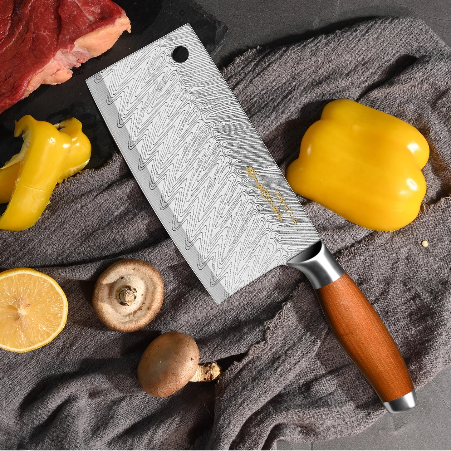 3-Piece Japanese Professional Kitchen Knife Set - Damascus Steel Pattern Chef Knife Utility Knife Meat Cleaver Boning Knife
