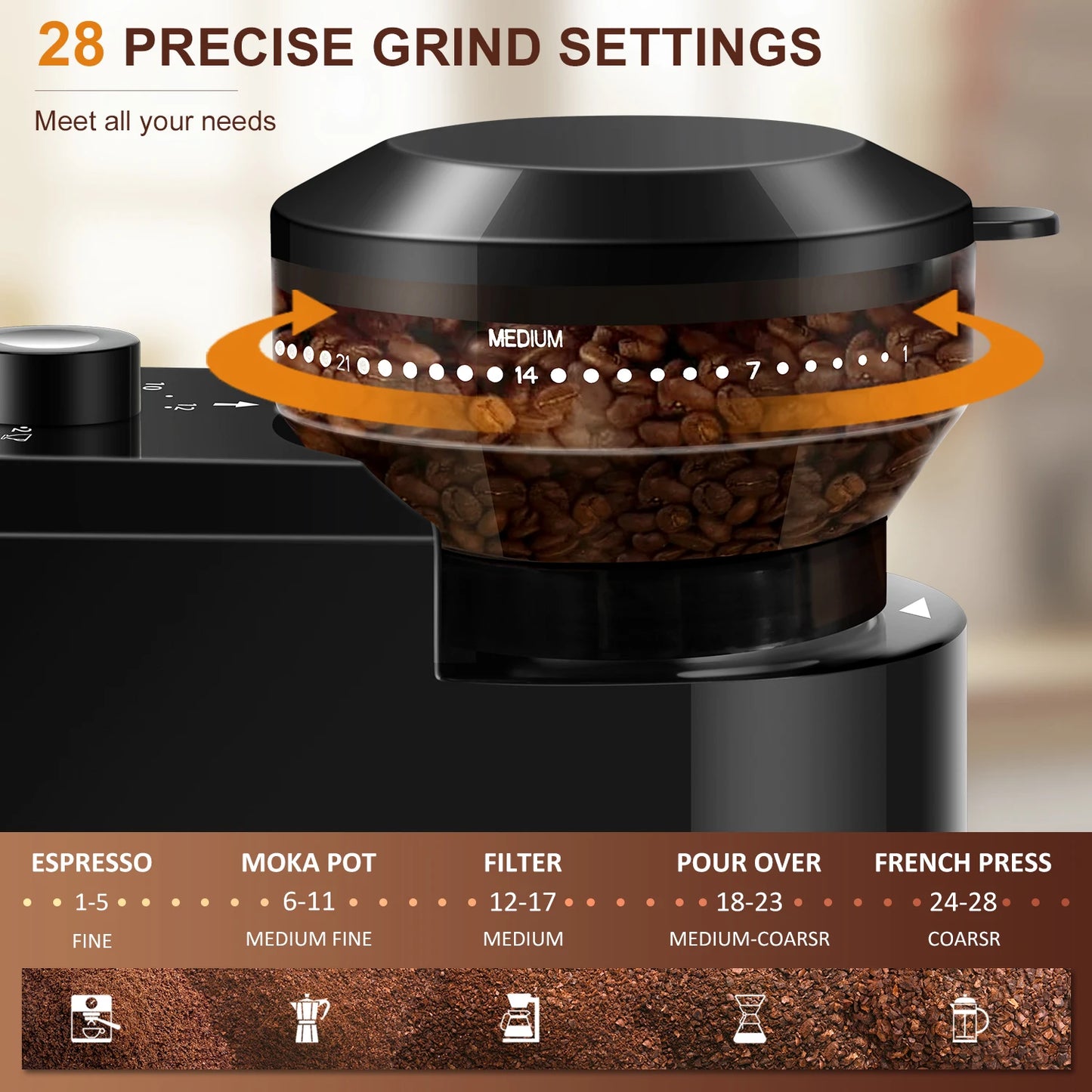 Automatic Burr Mill Coffee Grinder Electric Coffee Bean Grinding With 28 Adjustable Gears