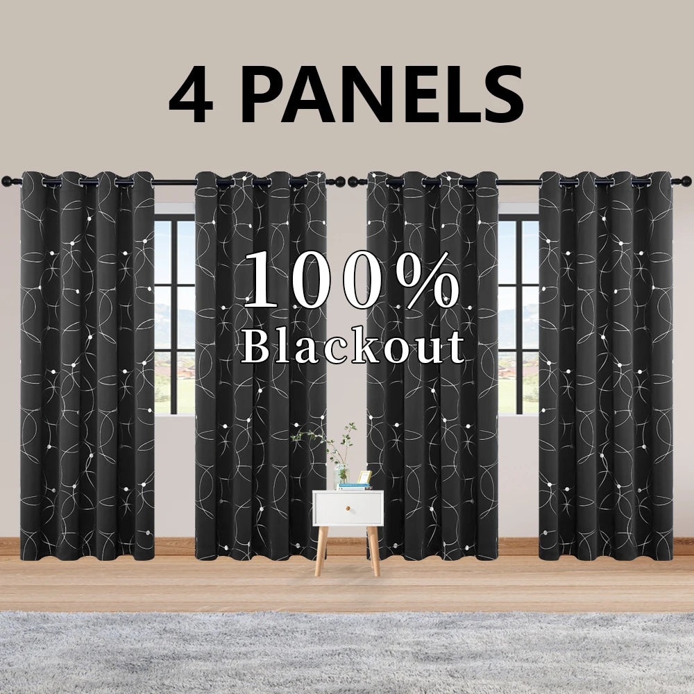 4PCS Blackout Curtains Grommet Thermal Insulated Room Darkening With Circle And Dots Foil Printed