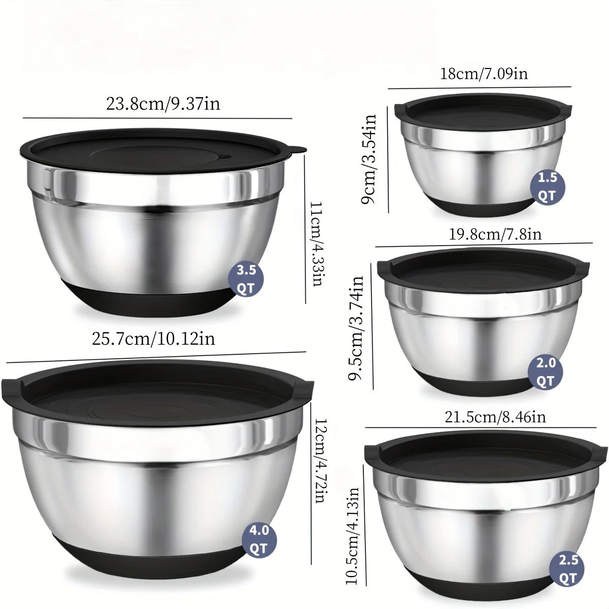 8PCS Stainless Steel Mixing Bowl Set with Airtight Lids Black Kitchen Bowls for Baking and Serving
