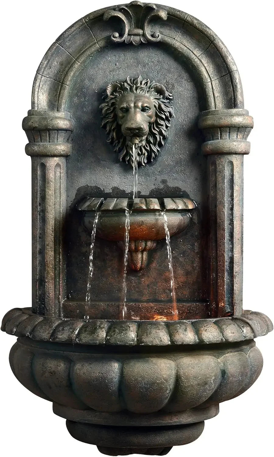 32.1 in. Wall-Mounted Lion Head Stone LED Outdoor Water Fountain for Gardens, Landscaping, Patios, Balconies, Lawns to Create a