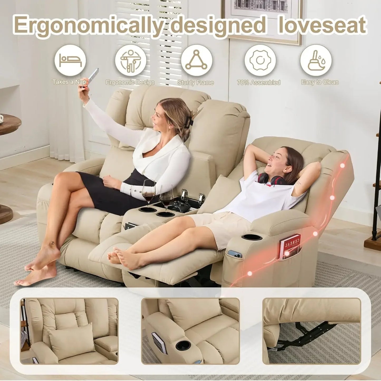 65.5" RV Loveseat Recliner Double Recliner RV Sofa Beige