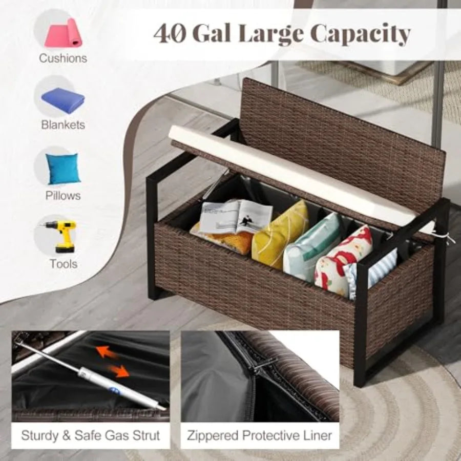 40 Gallon Outdoor Bench with Storage Patio Wicker Storage Bench in Beige with Cushion and Cover Metal Frame for Backyard Poolsi