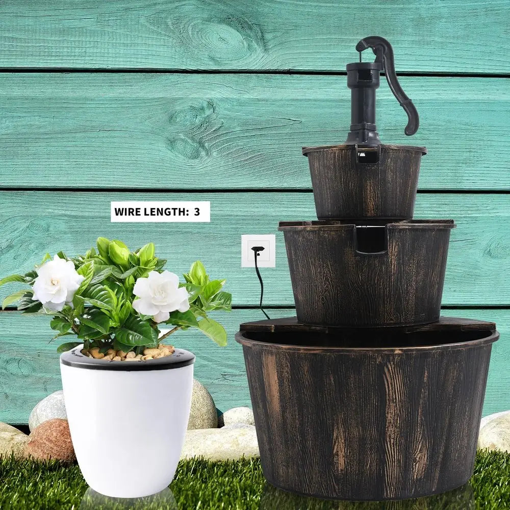 40-Inch 3 Tier Barrel Waterall ountain Outdoor Water ountains Barrel Wood 3-Tier reestanding Rustic Pump or Garden Patio Backyar