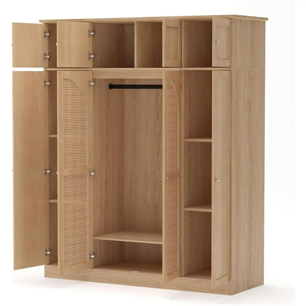 70.87 Tall Rattan Wooden Wardrobe with Hanging Rod and Adjustable Shelves, Natural