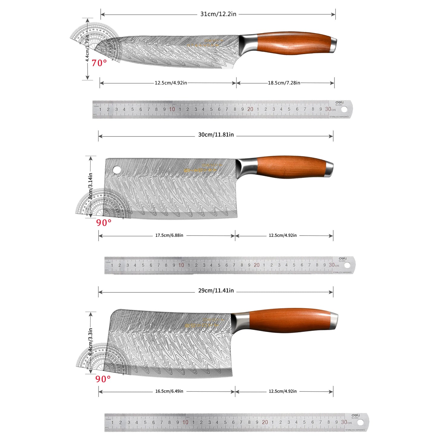 3-Piece Japanese Professional Kitchen Knife Set - Damascus Steel Pattern Chef Knife Utility Knife Meat Cleaver Boning Knife