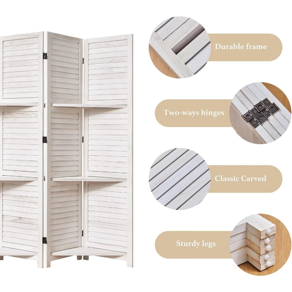 Room Divider with Shelves, 5.6 Ft Tall Folding Wood Screen