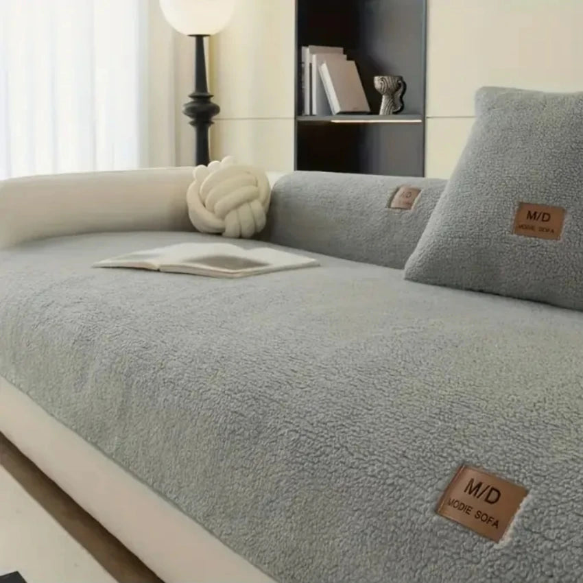 Solid Sherpa Anti-Slip Sofa Cover with PU label Decor for Living Room Coush Seat Cover, Universal Sofa Slipcover Furniture Towel
