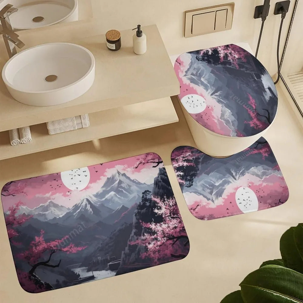 elegant watercolor cherry blossom shower curtain and rug set - nature-inspired bathroom decor with waterproof feature