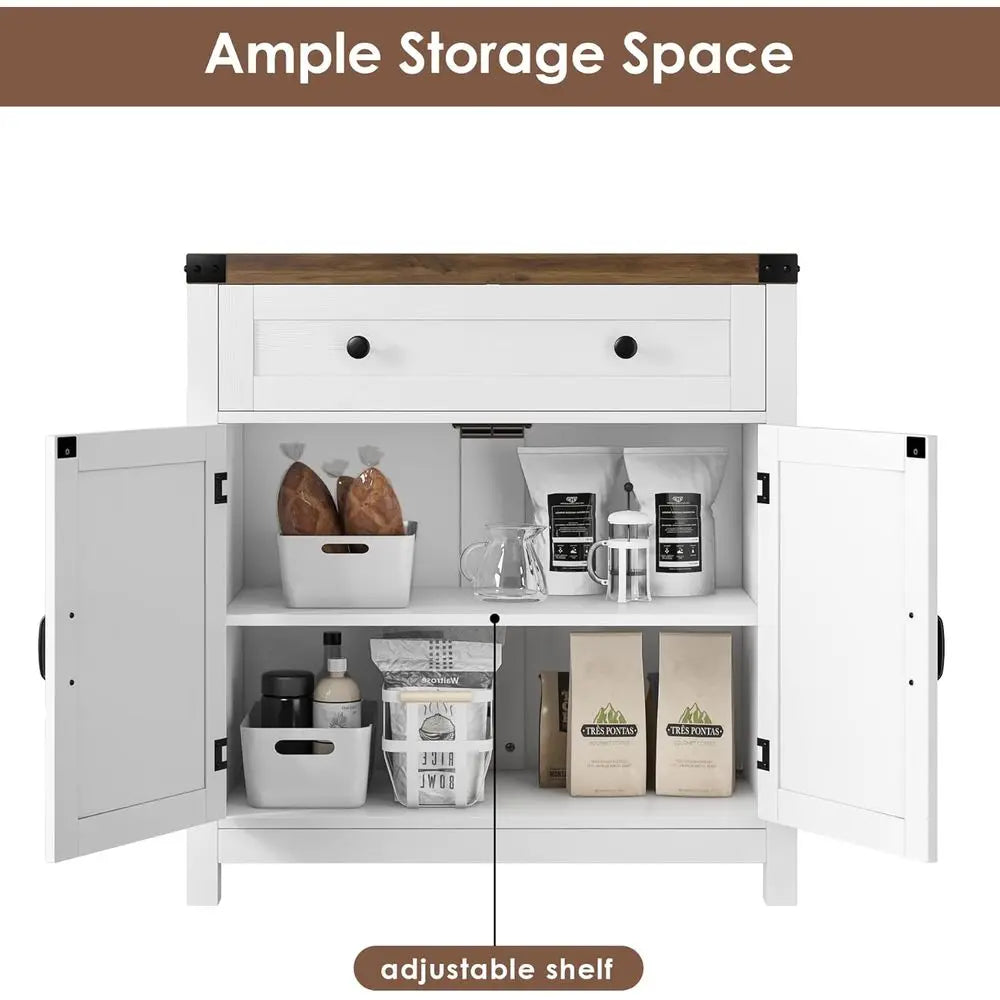 White Barn Door Accent Cabinet for Kitchen, Dining, and Entryway Storage with Drawer and Adjustable Shelves