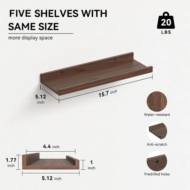 Five Set Floating Shelves for Wall Decor Wall Mounted Book Shelf Nursery Shelves Picture Ledge Shelf with Lip for Wall Storage