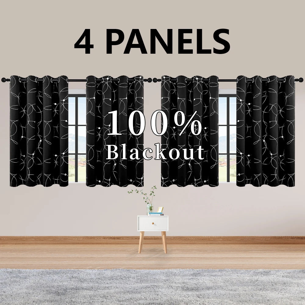 4PCS Blackout Curtains Grommet Thermal Insulated Room Darkening With Circle And Dots Foil Printed