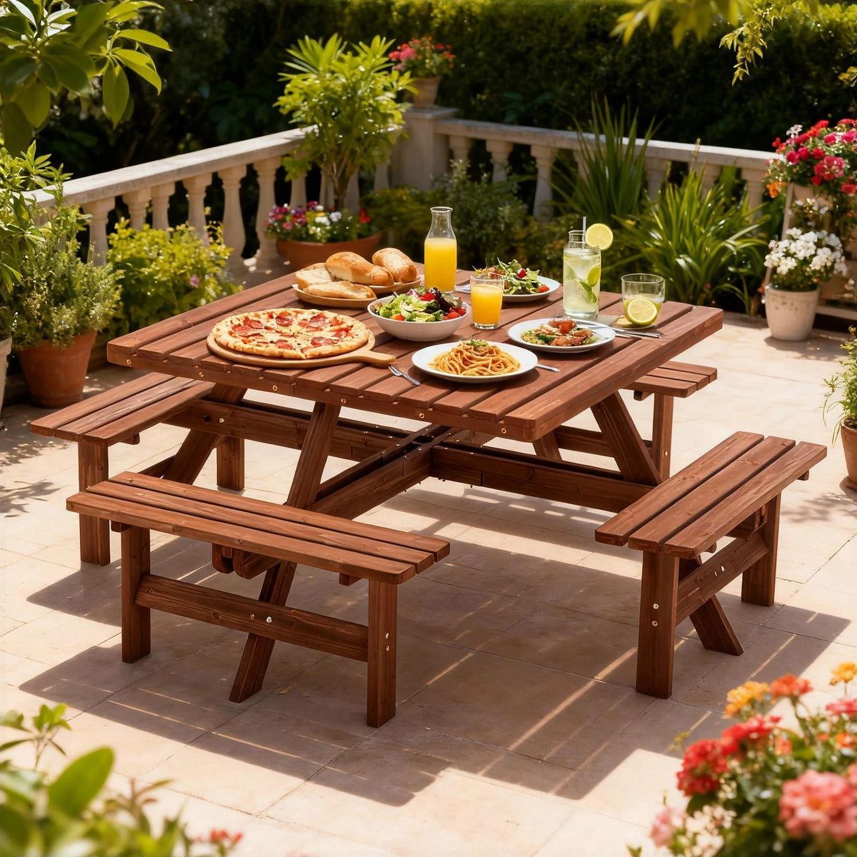 8 Person Square Picnic Table Umbrella Hole Waterproof Reinforced Structure Easy Clean Outdoor Dining Set Backyard Garden Camping