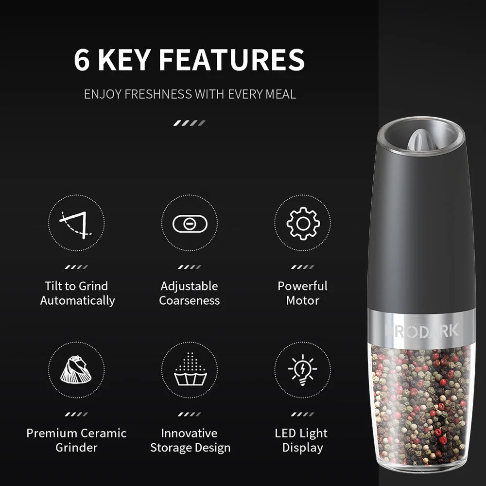 1 or 2 Pieces Gravity Electric Salt and Pepper Grinder Set Battery Powered with LED Light One Hand Automatic Operation