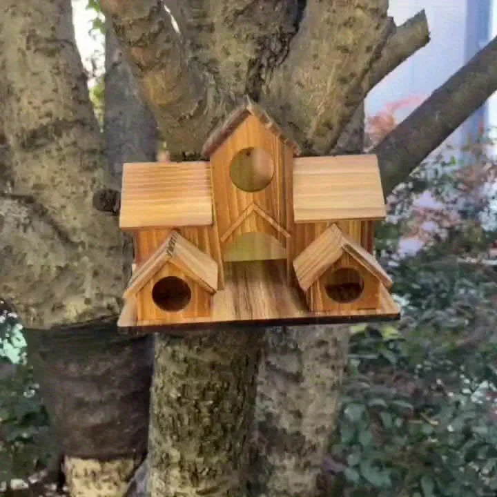 Wooden bird house, outdoor garden bird villa nest, decorative hanging bird feeder, natural wood, rural bird home decoration