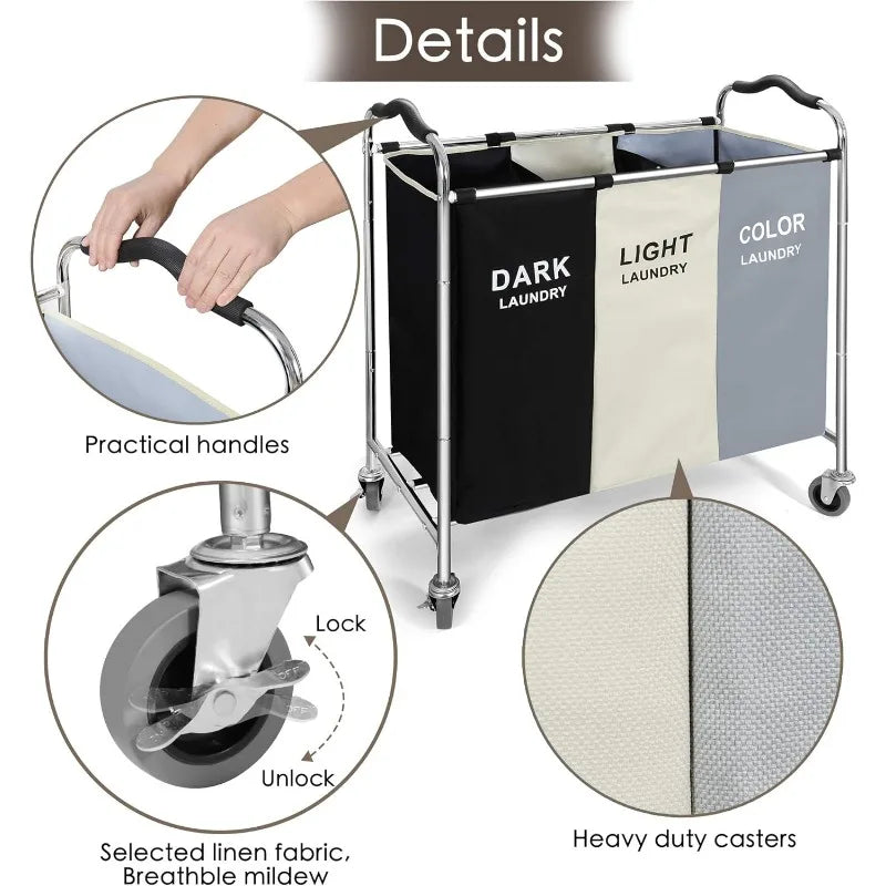 Laundry Basket with Wheels 240l Hamper 3 Section Bag