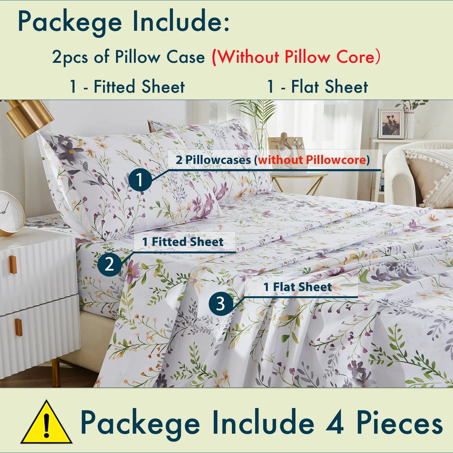 4pcs 600 TC 100% Egyptian Cotton Fitted Sheet Set (Without Core), Fresh Pinky Spring Botanical Pattern, Soft And Skin-friendly