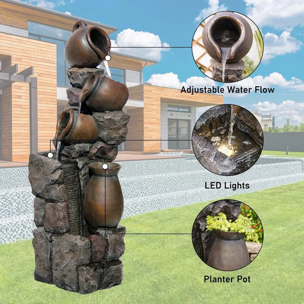 45.67H Water Fountain Outdoor with Planter Pot 5 Tiers