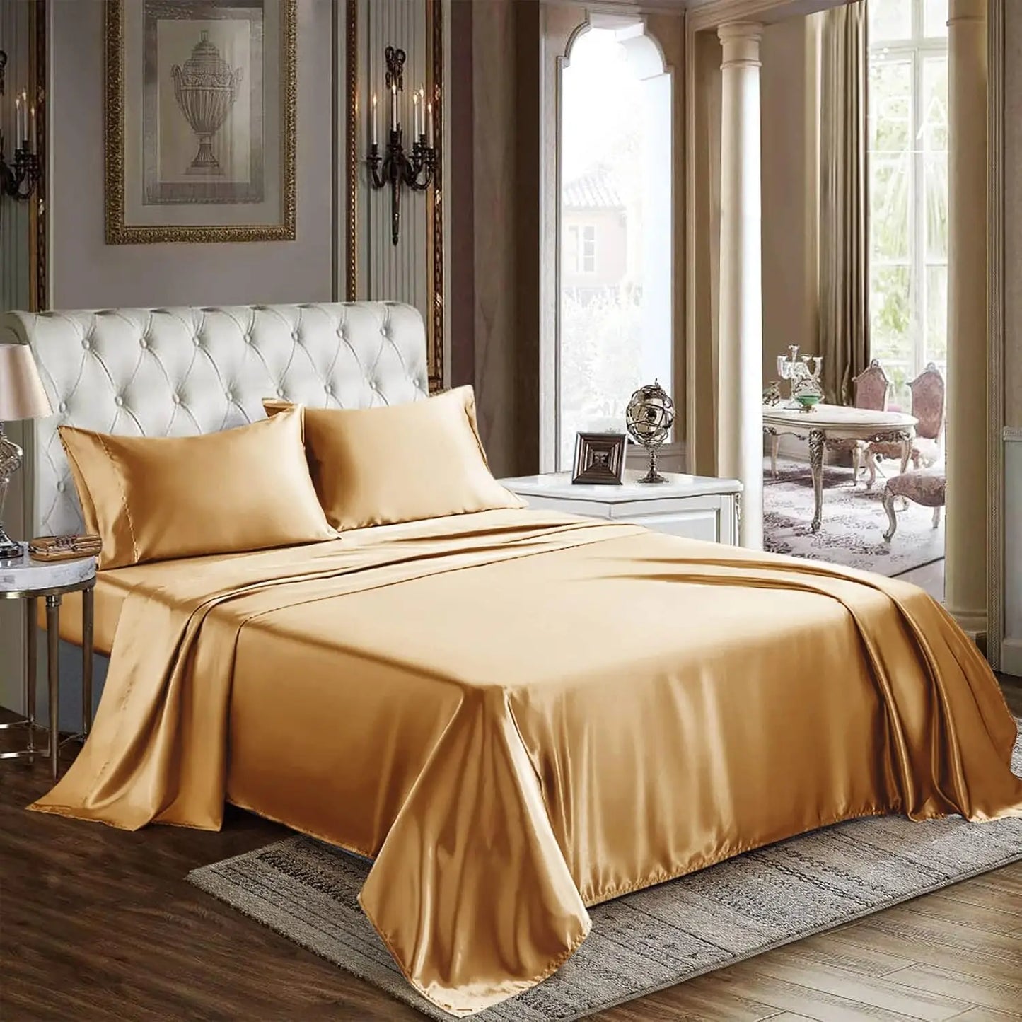 Satin Sheets Queen Size 4 Piece Bed Sheet Set with Silky Deep Pocket Fitted Sheet Flat Sheet and 2 Pillowcases