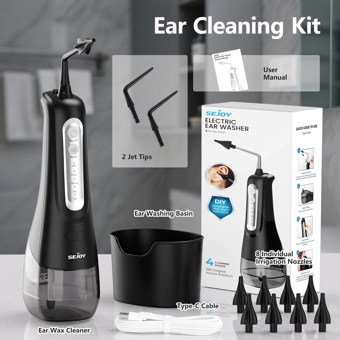 Ear Wax Removal Tool, Electric Ear Irrigation Flushing System, Water Powered with 4 Pressure Modes,8 Reusable Replacement Tips