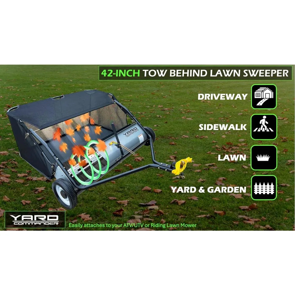 42-Inch Tow-Behind Lawn Sweeper, 10" Nylon Brushes, Universal Tractor/ATV Hitch, Never-Flat Wheels, Adjustable Height, 1-Year Wa