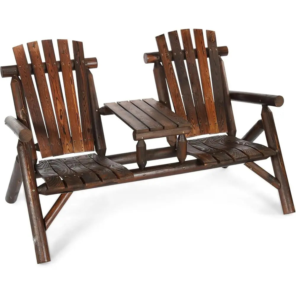 Rustic 2-Person Wooden Adirondack Bench Set with Loveseat and Built-in Table for Patio, Garden, or Poolside