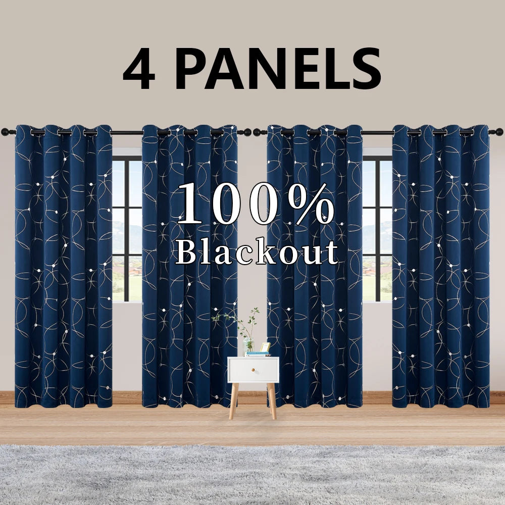4PCS Blackout Curtains Grommet Thermal Insulated Room Darkening With Circle And Dots Foil Printed
