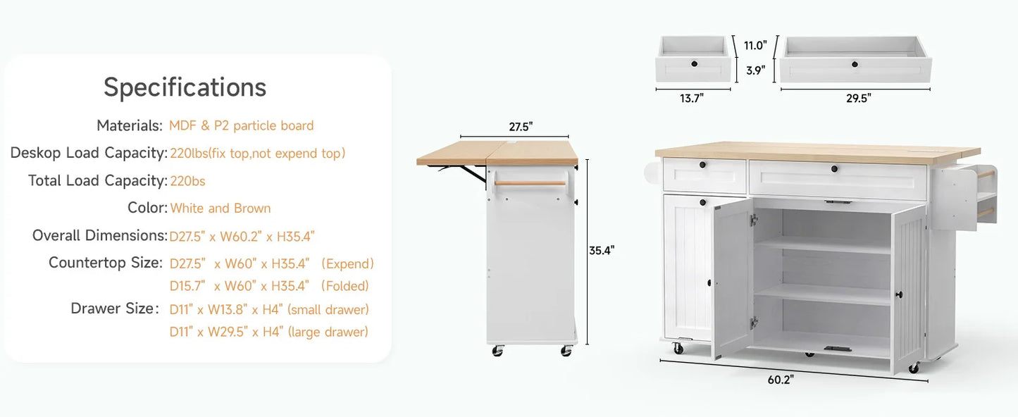 60" Mobile Kitchen Islands Rolling Trolleys Kitchen Island Table Drop Leaf Home Carts with Power Outlet Spice Towel Rack Trash