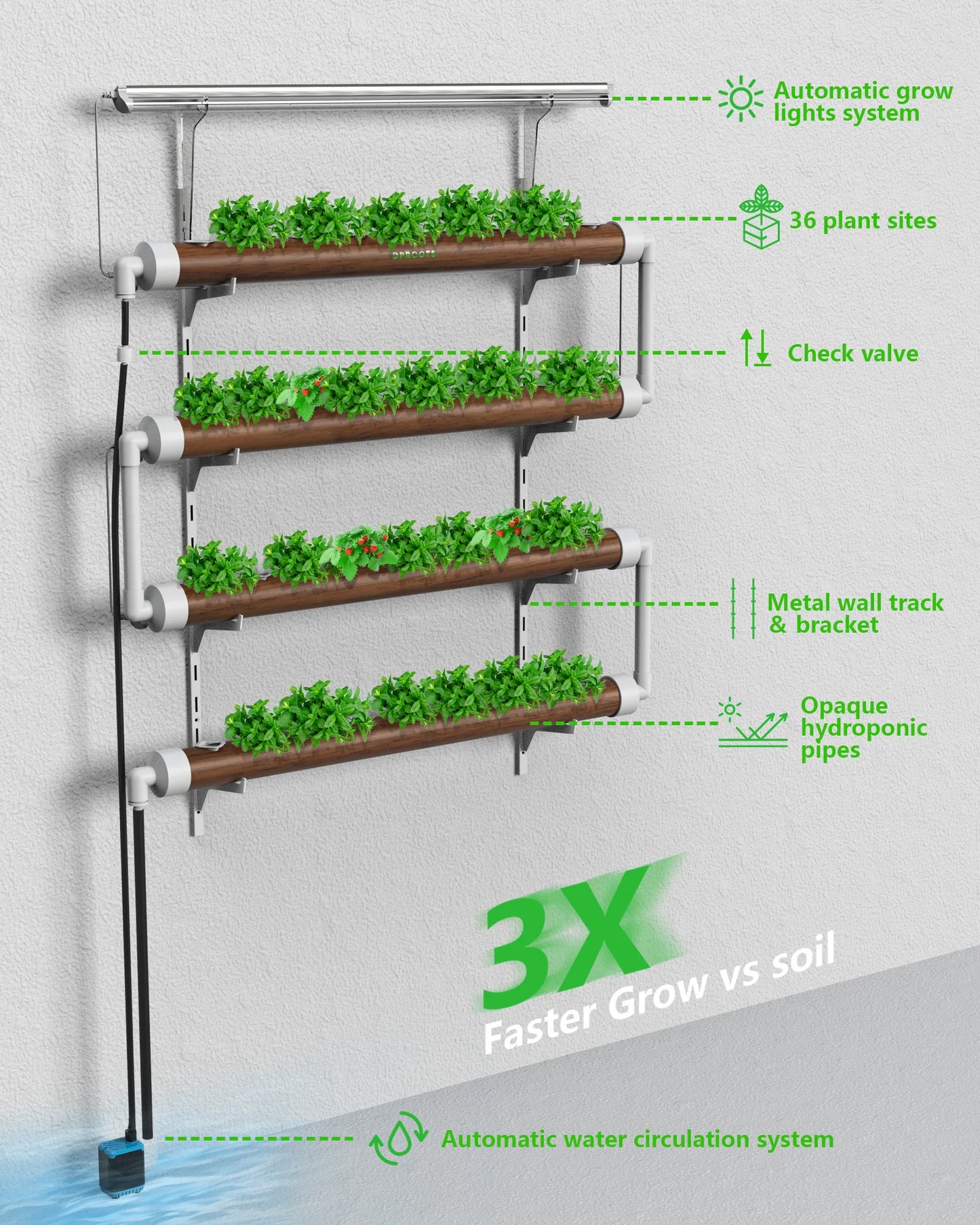 Wall Vertical NFT Hydroponic Growth System With Grow Light