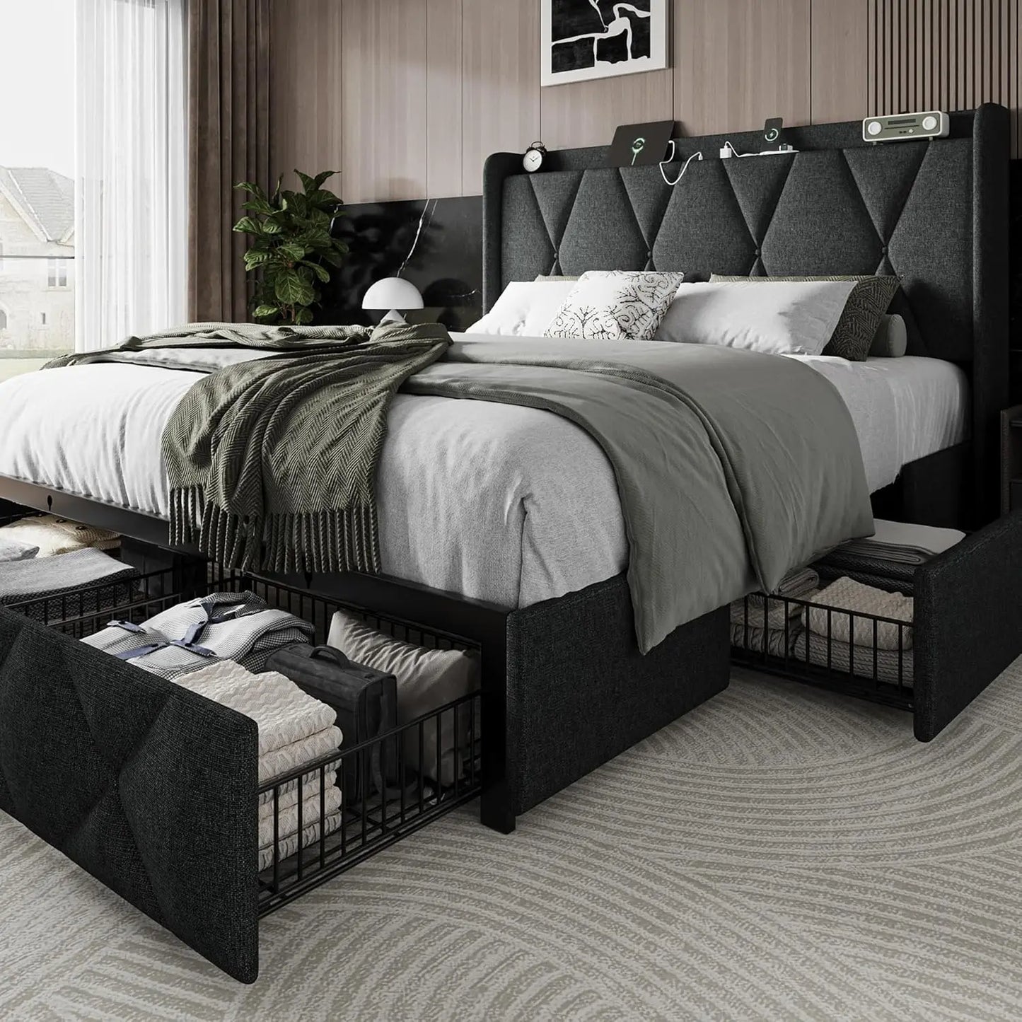 Bed Frame with 4 Storage Drawers and Charging Station Upholstered Platform Bed Frame with Storage Headboard No Box Spring Needed