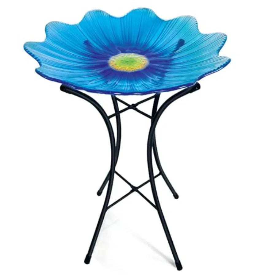 Bird Bath for Outside15" Diameter Large Glass Birdbaths for Outdoors Detachable Bird Baths Bowl with Metal Stand for Garden Pat