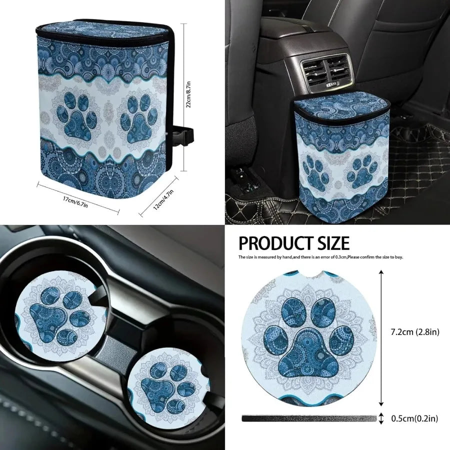 Boho Mandala Dog Paw Print 13Piece Car Accessories Set with Universal Fit Includes 4 Car Seat Covers 1 Steering Wheel Cover 1 T
