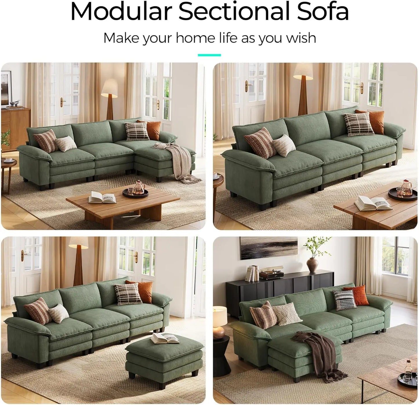 Cloud Sofa Accent Chair with Ottoman, Corduroy Couch for Living Room Apartment Bedroom Office in Green