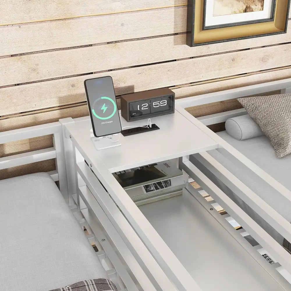 Twin Size Metal Bunk Bed with Desk, Charging Station, Wardrobe, and Storage Shelves, White
