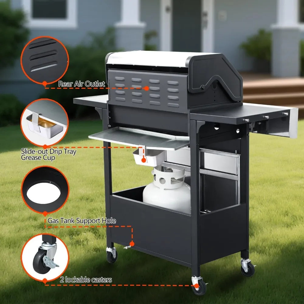 Propane Gas Grill with Side Burner 4 Main Burners 49000 BTU Stainless Steel Lid Cast Iron Grids Easy Clean Grease
