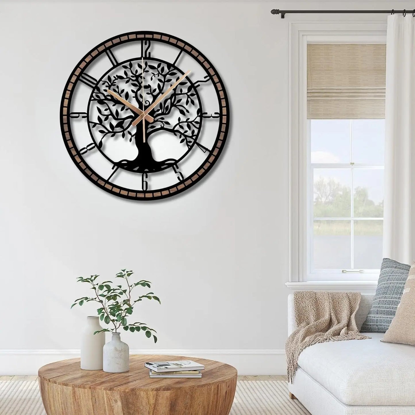 Tree of Life Wall Clock, Metal with Wood Clocks, Large Wall Clock for Living Room, Office, Bedroom, Home, Mid Century Silent Non