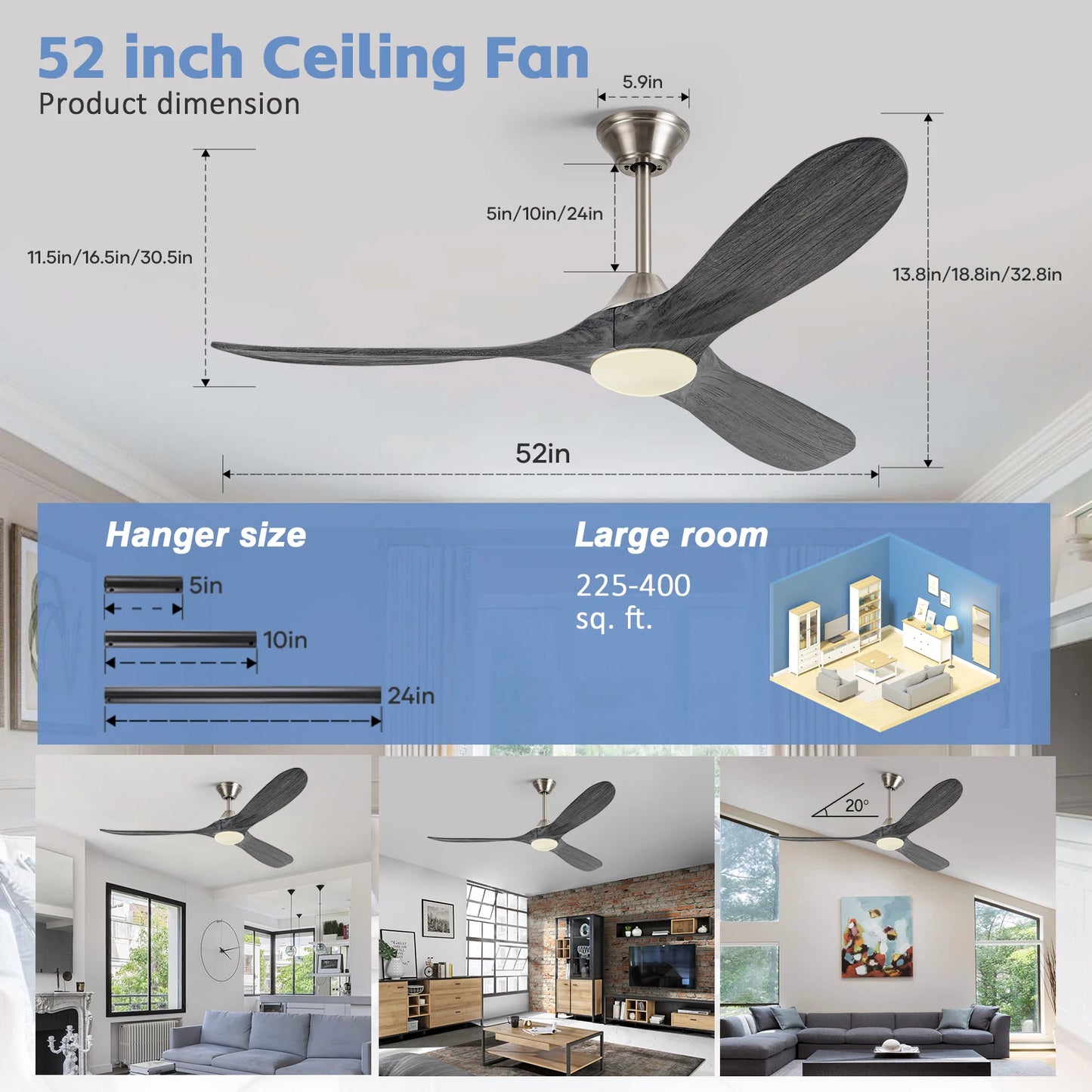 52/60/70-inch Ceiling Fan with Light and Remote 3 Wood Blades High CFM Dimmable LED Noiseless Reversible DC Fans for Bedroom