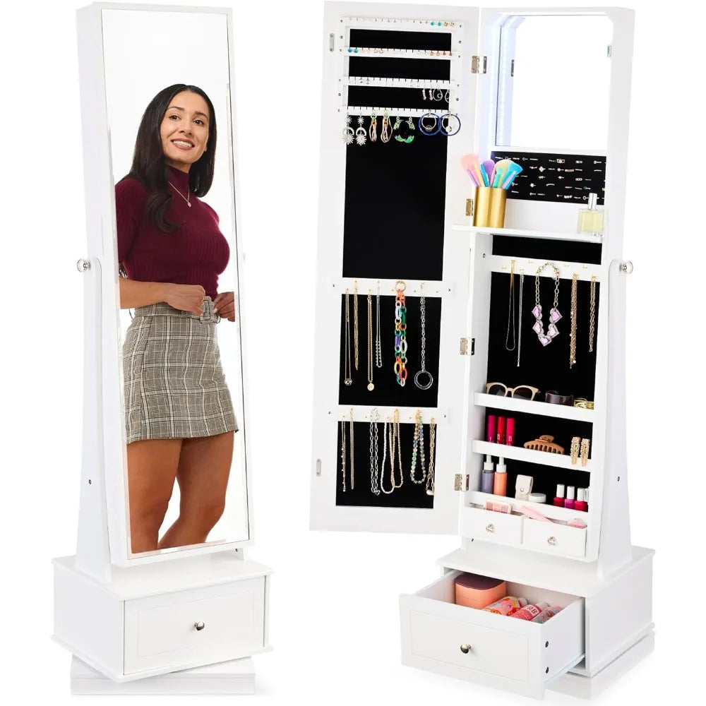 360 Swivel Mirrored Jewelry Cabinet, Standing Armoire, Makeup Storage Organizer, w/LED-lit Mirror, 3 Shelve