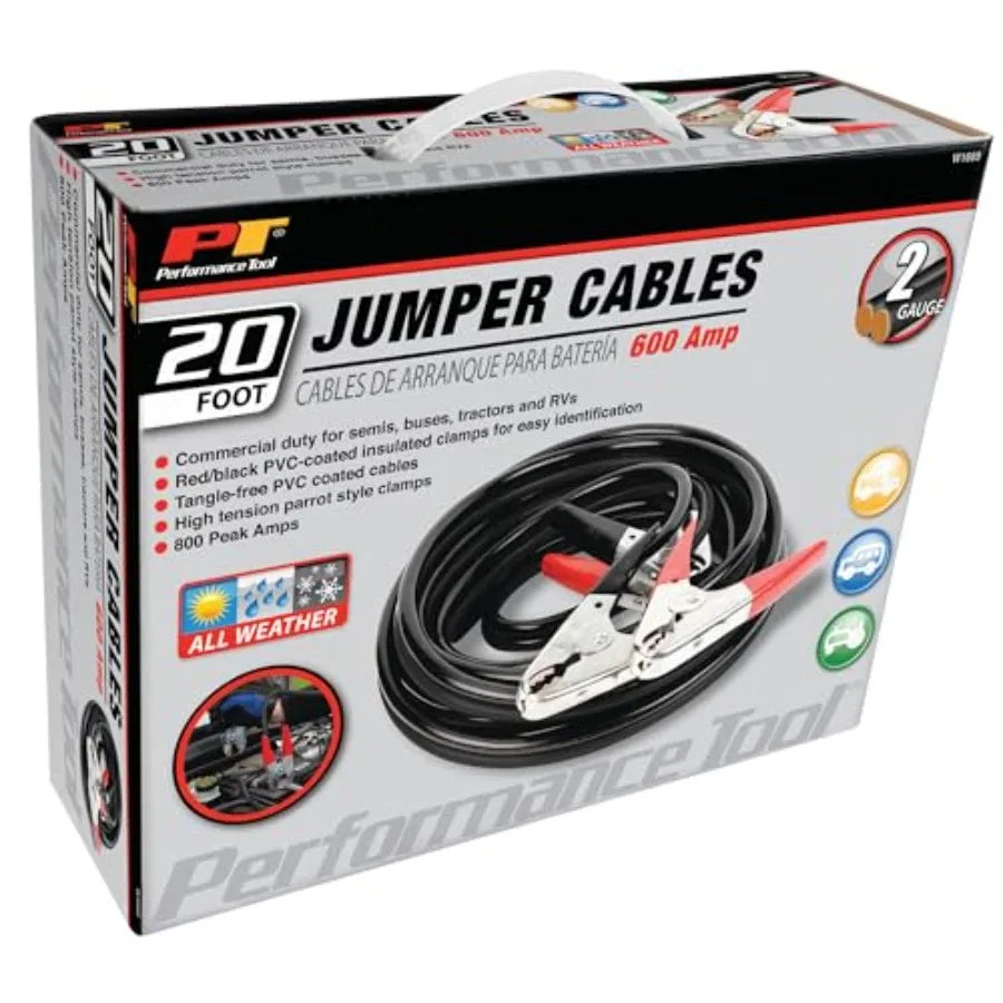 Performance Tool W1669 20' Commercial Duty 2-Gauge 800 PEAK AMP All Weather Jumper Cables for Tractors Semis Buses and RVs Dura