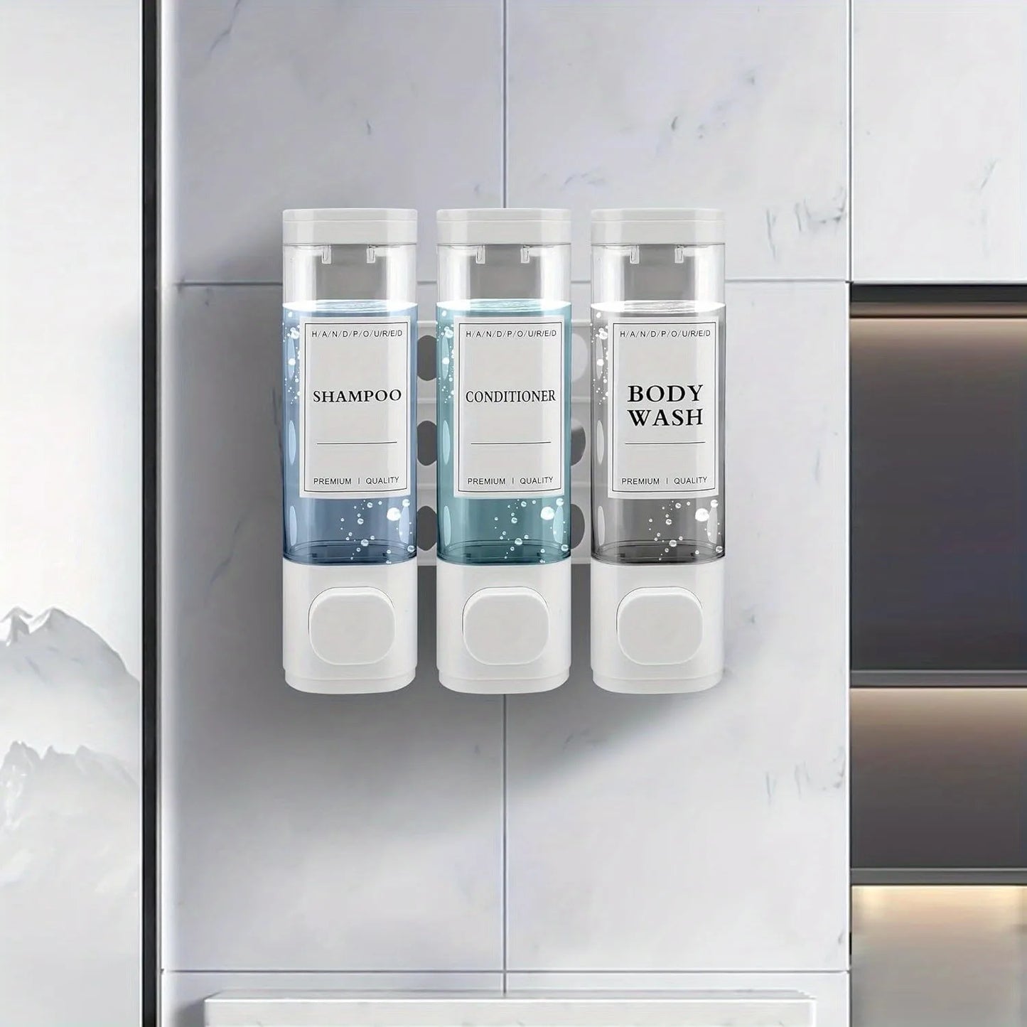 Wall Mounted Soap Dispenser Shower Gel Dispenser 3 in 1 Shampoo and Conditioner Dispenser No Drilling Required ABS Material