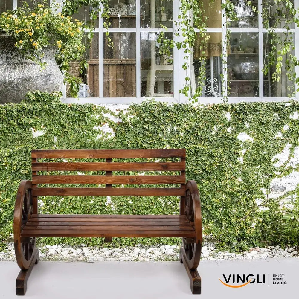 Rustic Wooden Wheel Patio Bench, Weather-Resistant Garden Seat, 350lbs Capacity, 41 High