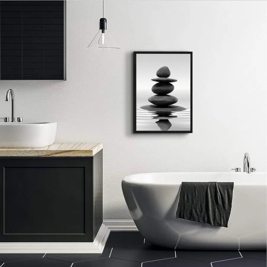 Framed Black and White Bathroom Wall Art Zen Stones in the water Bathroom Wall Art Yoga Meditation Picture Wall Decor Spa Room B