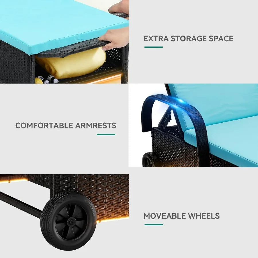 Outdoor LED Chaise Lounge Chair With Wheels And Storage