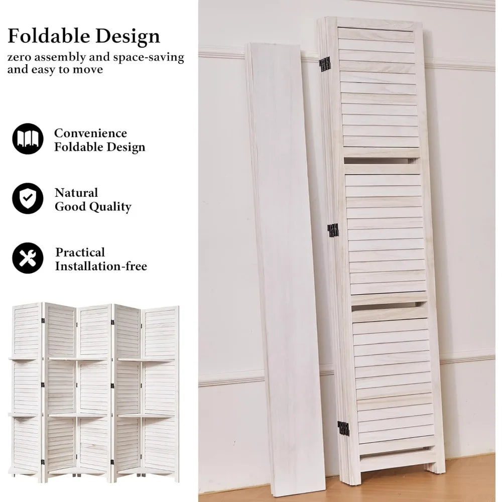 Room Divider with Shelves, 5.6 Ft Tall Folding Wood Screen